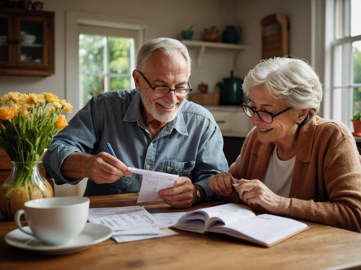 Ein älteres Paar sitzt an einem Holztisch in einer hellen Küche und schaut sich zusammen Unterlagen an. Der Mann mit grauen Haaren und Brille lächelt, während er mit einem Stift auf ein Blatt Papier zeigt. Die Frau mit kurzen, hellen Haaren und Brille lächelt ebenfalls und hält einen Stift in der Hand. Vor ihnen liegen verschiedene Papiere, ein aufgeschlagenes Notizbuch und eine Tasse Kaffee. Neben ihnen steht eine Vase mit gelben Blumen, die den Tisch schmückt. Das Licht strömt durch ein Fenster im Hintergrund und schafft eine einladende Atmosphäre.