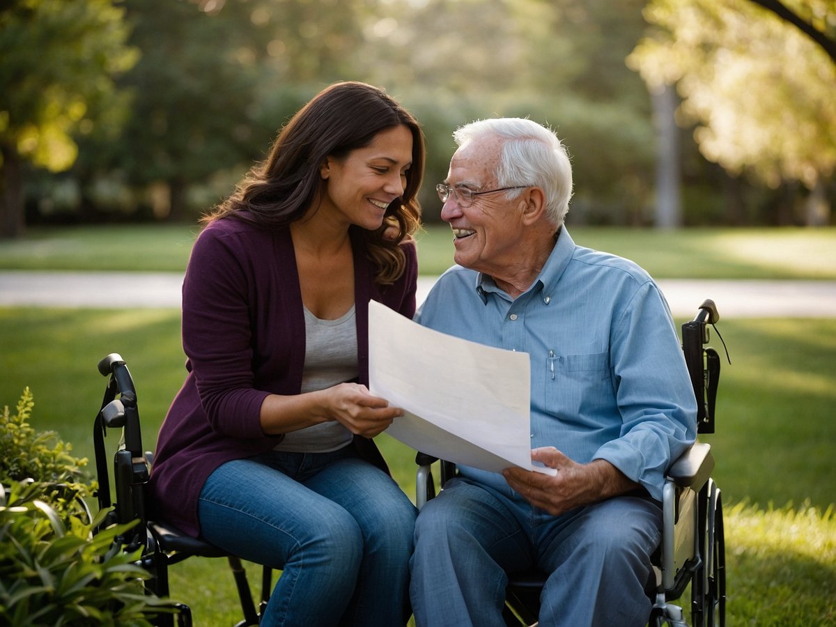 Auf dem Bild sind eine lächelnde Frau und ein älterer Mann zu sehen, die zusammen im Freien sitzen. Der Mann sitzt in einem Rollstuhl und hält ein Blatt Papier in der Hand, während die Frau ihm aufmerksam zuhört und ebenfalls lächelt. Die Szenerie ist von grünem Gras und Bäumen umgeben, was eine friedliche Atmosphäre vermittelt. Ihre Körperhaltung und Mimik deuten auf eine freundliche und vertrauensvolle Beziehung hin, die möglicherweise mit rechtlichen oder vertraglichen Angelegenheiten im Zusammenhang steht, wie zum Beispiel die Besprechung von Patientenverfügungen oder Vollmachten.