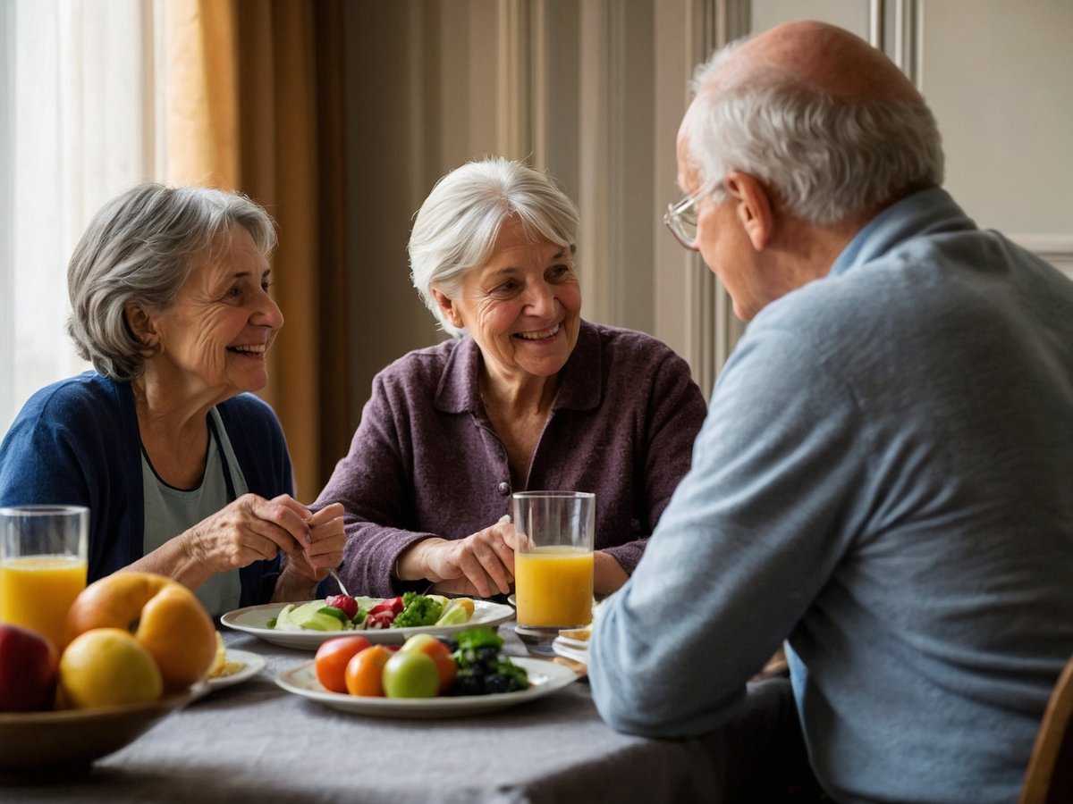 Auf dem Bild sind drei Seniorinnen und Senioren zu sehen, die an einem Tisch sitzen und sich unterhalten. Es gibt gesunde Lebensmittel wie frisches Obst und Gemüse sowie Getränke auf dem Tisch. Die Szene vermittelt eine freundliche und gesellige Atmosphäre, die die Bedeutung einer ausgewogenen Ernährung im Alter unterstreicht, insbesondere im Kontext der besonderen Herausforderung Diabetes im Alter.