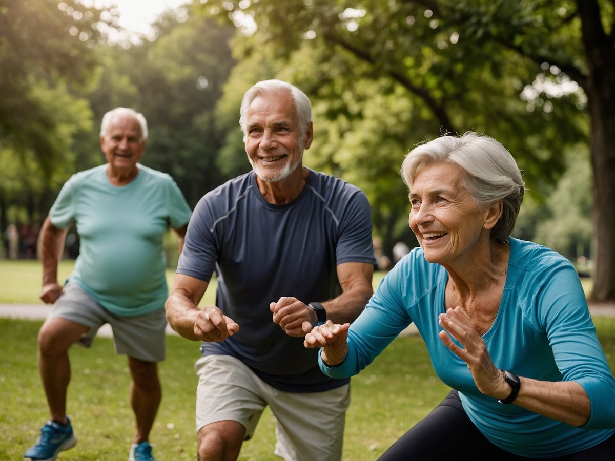 Auf dem Bild sind drei aktive Senioren zu sehen, die in einem Park gemeinsam Übungen machen. Sie lächeln und scheinen motiviert zu sein. Die Frau in blauer Sportbekleidung führt eine Übung durch und schaut lächelnd nach vorne. Die beiden Männer hinter ihr sind ebenfalls aktiv, einer von ihnen trägt ein graues T-Shirt und der andere ein türkisfarbenes. Sie trainieren zusammen, was die Wichtigkeit von körperlicher Aktivität zur Senkung des Diabetesrisikos im Alter unterstreicht. Regelmäßige Bewegung kann helfen, die Gesundheit zu fördern und das Risiko von Diabetes und anderen chronischen Krankheiten zu reduzieren.
