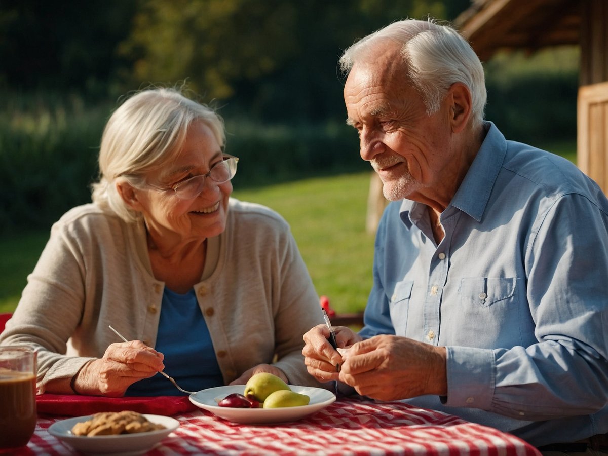 Ein älteres Paar sitzt in einem gemütlichen Freiluftbereich an einem Tisch mit kariertem Tischdecken. Beide lächeln sich an und scheinen ein angenehmes Gespräch zu führen. Auf dem Tisch befindet sich eine Auswahl an frischem Obst, darunter Äpfel und Trauben, sowie ein Teller mit Keksen. Neben dem Paar steht ein Glas mit einem koffeinhaltigen Getränk. Die Umgebung ist grün und sonnig, was eine einladende Atmosphäre schafft. Diese Situation vermittelt den Genuss von gesunden Snacks zur Vermeidung von Unterzuckerungen.