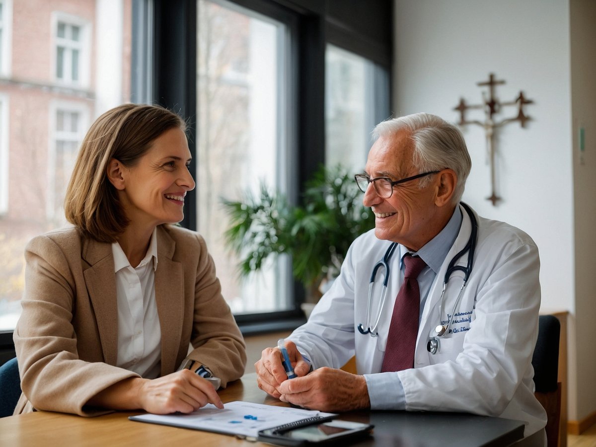 Ein Arzt und eine Patientin sitzen sich an einem Tisch in einem hellen Büro gegenüber. Beide lächeln sich an, während der Arzt einen Stift in der Hand hält. Auf dem Tisch liegt ein Notizblock mit einigen Notizen und einem Stift. Im Hintergrund sind große Fenster mit Blick auf einen grünen Bereich und eine Pflanze. An der Wand hinter dem Arzt hängt ein Kreuz. Die Atmosphäre wirkt freundlich und einladend.