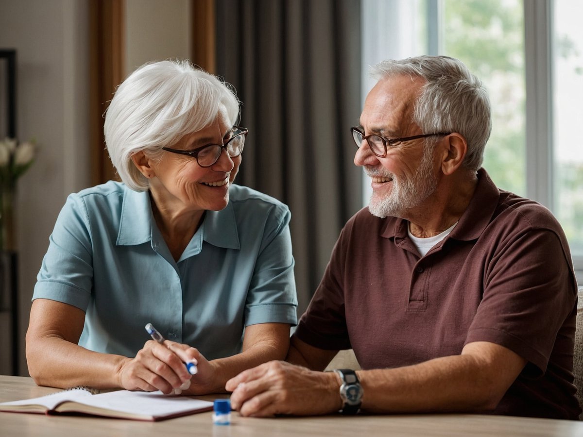 Auf dem Bild sind ein älteres Paar zu sehen, das an einem Tisch sitzt und sich freundlich anlächelt. Die Frau hat kurzes, graues Haar, trägt eine hellblaue Bluse und hält einen Stift in der Hand. Der Mann hat ebenfalls graues Haar und trägt ein braunes Polohemd. Vor ihnen liegt ein offenes Notizbuch und ein kleines Fläschchen. Die Umgebung ist hell und freundlich, mit Pflanzen im Hintergrund. Das Bild vermittelt eine positive Atmosphäre des Austauschs und der gemeinsamen Aktivitäten.
