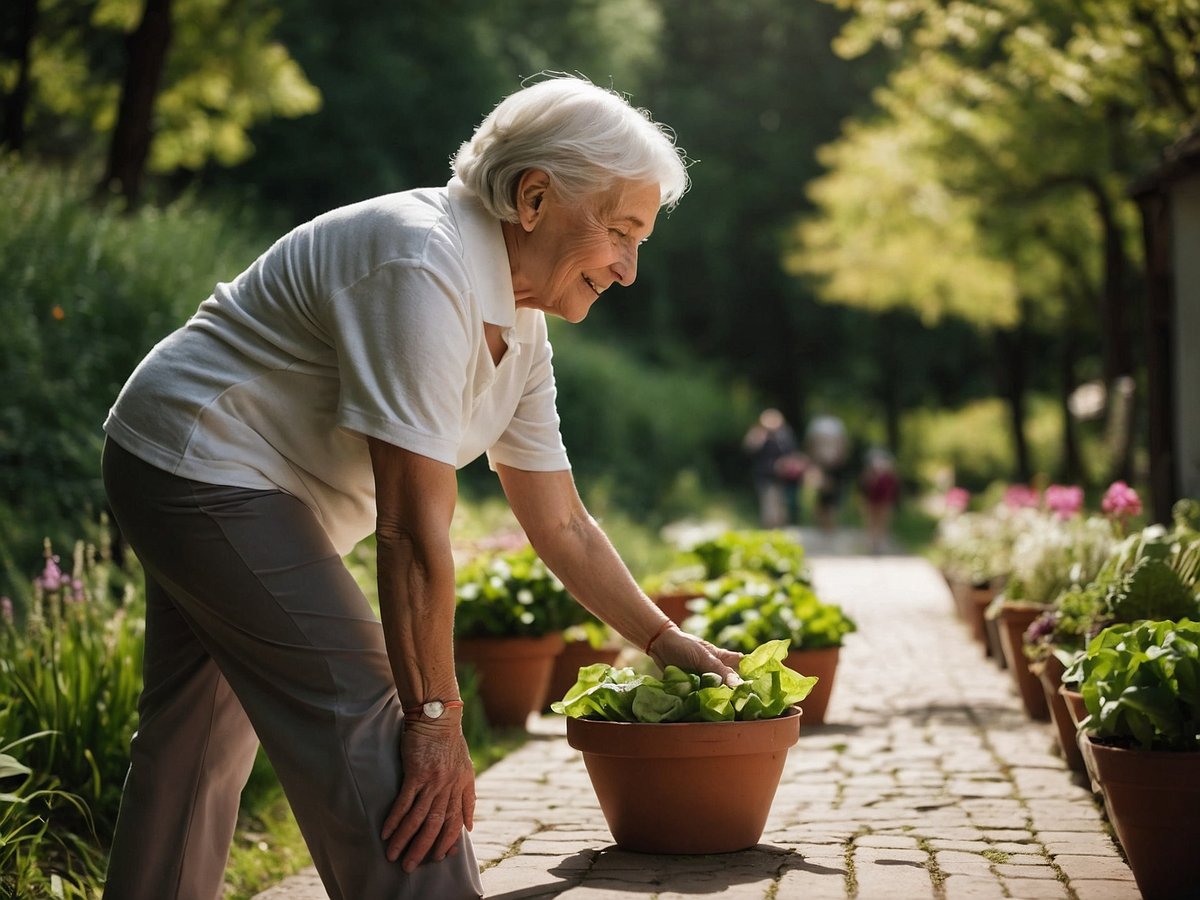 Eine ältere Frau beugt sich über einen Blumentopf, um frisches Gemüse zu pflücken. Sie trägt ein helles Polohemd und hat graue Haare. Um sie herum sind mehrere Töpfe mit gesundem Gemüse und die Umgebung ist von grünen Pflanzen und Bäumen umgeben. Im Hintergrund sind unscharfe Gestalten von weiteren Personen zu sehen, die einen Weg entlanggehen. Das Bild vermittelt eine positive Stimmung von Aktivität, Gartenarbeit und dem Genuss gesunder Nahrungsmittel.