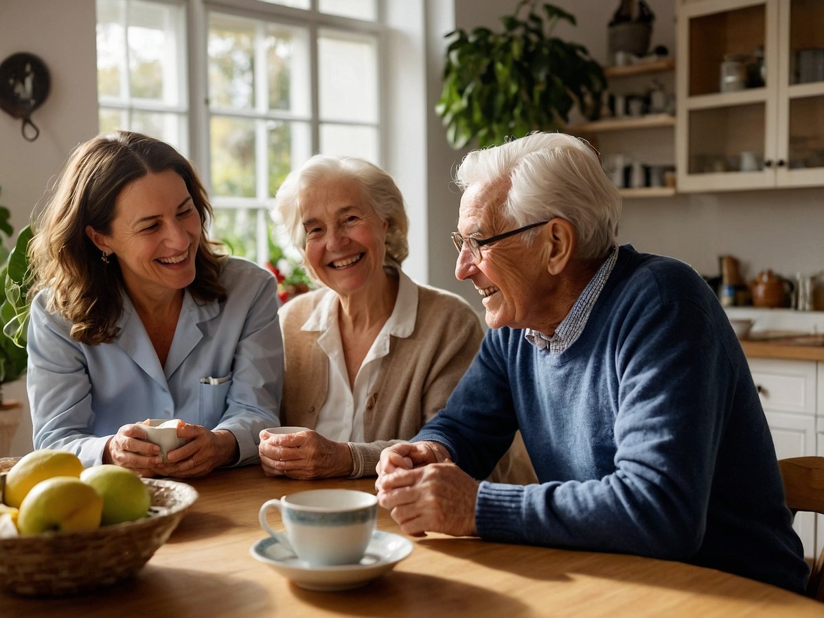 Eine ältere Frau und ein älterer Mann sitzen an einem Tisch in einer hellen, einladenden Küche und lachen zusammen. Eine Pflegeperson steht ihnen gegenüber, ebenfalls lächelnd, und hält eine Tasse in der Hand. Auf dem Tisch sind ein Korb mit frischen Äpfeln und eine Tasse mit einem ansprechenden Design zu sehen. Die Atmosphäre ist warm und freundlich, was eine positive Interaktion und Lebensqualität im Alter unterstützt, insbesondere für Menschen mit Diabetes, die ein unterstützendes Umfeld benötigen.
