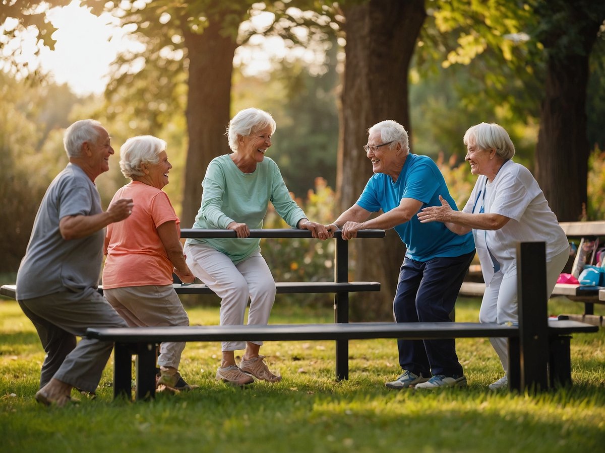 Eine Gruppe älterer Menschen steht in einem Park und engagiert sich gemeinsam in einer sportlichen Aktivität. Zwei Männer und drei Frauen lächeln und arbeiten zusammen an einer Trainingsstange, während sie sich gegenseitig motivieren. Die Umgebung ist grün und sonnig, was eine positive und lebendige Atmosphäre schafft. Die dargestellte Szene unterstreicht die Bedeutung von Bewegung und sozialer Interaktion zur Förderung der Gesundheit und des Wohlbefindens im Alter.