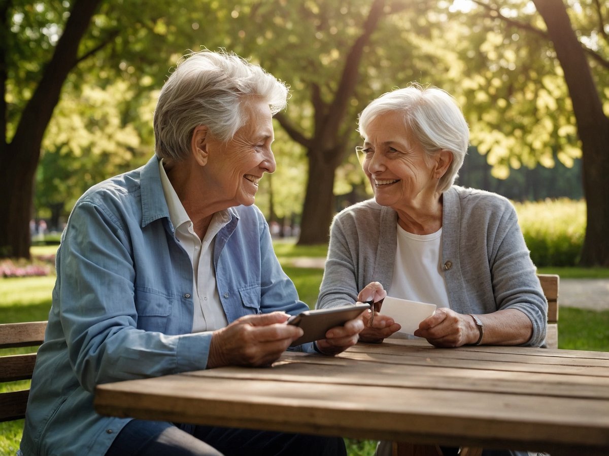Zwei Senioren sitzen an einem Holztisch im Freien und lächeln sich an während sie miteinander kommunizieren. Im Hintergrund sind grüne Bäume und eine gepflegte Wiese zu sehen. Die Szene strahlt Freundlichkeit und Lebensfreude aus und vermittelt das Gefühl von Gemeinschaft und Unterstützung im Alter. Diese Momentaufnahme könnte Gespräche über Vorsorge und Altersabsicherung symbolisieren, indem sie die Wichtigkeit sozialer Kontakte und der gegenseitigen Unterstützung im fortgeschrittenen Lebensalter unterstreicht.