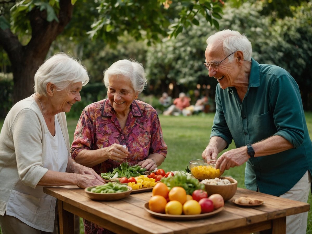 Auf dem Bild sind drei ältere Menschen zu sehen, die frische Zutaten auf einem Holztisch vorbereiten. Ein Mann und zwei Frauen lächeln und unterhalten sich fröhlich, während sie gesunde Lebensmittel wie Gemüse und Obst sortieren. In der Mitte des Tisches befinden sich verschiedene Schalen mit bunten Früchten wie Äpfeln, Orangen und Tomaten sowie einer Schüssel mit grünen Blättern. Die Szene findet im Freien in einem grünen Garten statt, was eine freundliche und einladende Atmosphäre schafft. Die Aktivität unterstreicht die Bedeutung gesunder Ernährung und sozialer Interaktion für das Wohlbefinden im Alter.