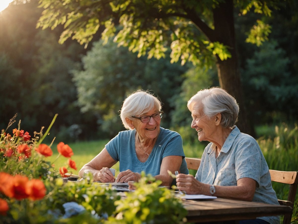 Zwei ältere Frauen sitzen in einem Garten an einem Holztisch umgeben von bunten Blumen. Sie lächeln und scheinen sich angeregt zu unterhalten. Im Hintergrund sind Bäume und grünes Gras zu sehen, während die Sonnenstrahlen sanft durch die Blätter scheinen. Diese Szene strahlt eine Atmosphäre von Freundschaft und Lebensfreude aus, die gesellschaftliche Teilhabe aktiv fördert.