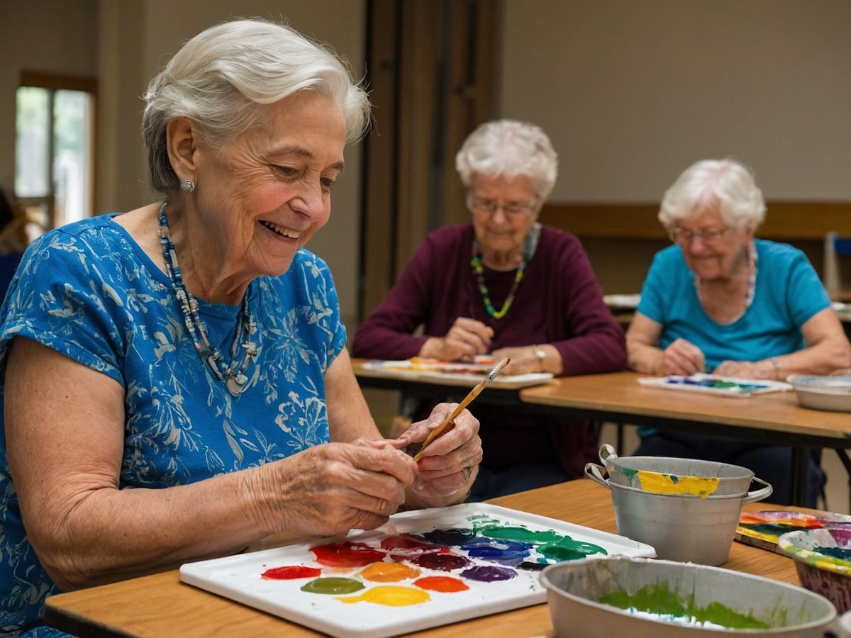 Eine Gruppe von Senioren sitzt an Tischen in einem hellen Raum und nimmt an einem kreativen Malworkshop teil. Im Vordergrund lächelt eine ältere Frau mit grauen Haaren, während sie mit einem Pinsel in der Hand arbeitet. Vor ihr liegt eine Palette mit bunten Farben. Hinter ihr sind zwei weitere Frauen, die ebenfalls am Malen sind. Der Raum vermittelt eine freundliche und einladende Atmosphäre für kreative Aktivitäten, die das Wohlbefinden und die soziale Interaktion der Senioren fördern.