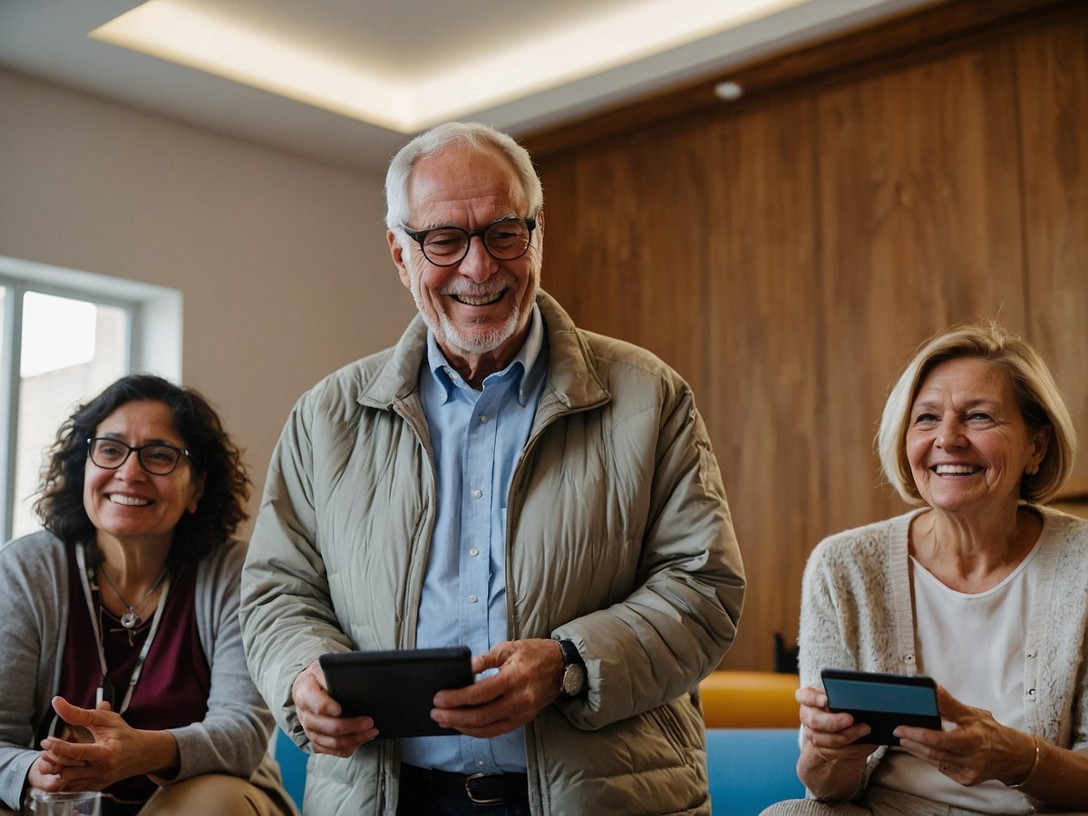 Auf dem Bild sind drei ältere Menschen zu sehen, die in einer hellen und freundlichen Umgebung zusammen sind. Der Mann in der Mitte trägt eine bequeme Jacke und lächelt, während er ein Tablet in der Hand hält. Die Frauen neben ihm erfreuen sich ebenfalls und halten jeweils ein Gerät in der Hand. Ihre Ausdrücke zeigen Freude und Gemeinschaft. Das Bild vermittelt eine positive Atmosphäre, die das Miteinander und den Austausch von Informationen in einer modernen, technologieorientierten Welt betont. Zukünftig wird es wichtig sein, solche gemeinschaftlichen Interaktionen weiter zu fördern, um Einsamkeit zu reduzieren und die digitale Kompetenz der Senioren zu stärken.
