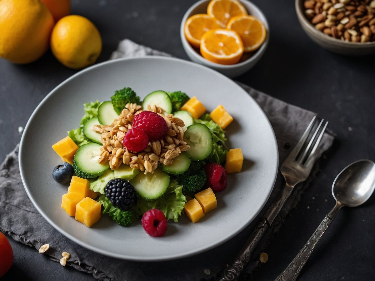 Auf dem Bild ist ein gesunder Teller mit einem bunten Salat zu sehen der verschiedene Zutaten wie Gurken Brokkoli Himbeeren und Heidelbeeren enthält Zudem sind orangefarbene und gelbe Würfel von Käse und weiteren Obststücken angeordnet Der Salat ist kunstvoll mit Haferflocken und einer frischen Himbeere in der Mitte dekoriert Im Hintergrund liegen einige Zitrusfrüchte und eine Schale mit Nüssen Diese Szene verdeutlicht die Bedeutung von gesunder Ernährung als Schlüssel zur Stabilität für ein aktives und gesundes Leben