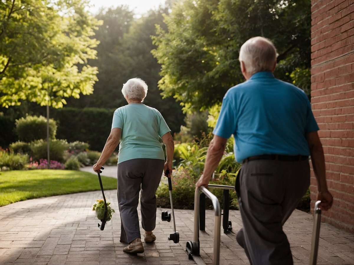 Ein älteres Paar geht vor einem Wohngebäude auf einem gepflasterten Weg. Die Frau trägt einen Rollator und hat eine kleine Pflanze in der Hand, während der Mann hinter ihr mit einem anderen Rollator geht. Sie sind von grünen Pflanzen und Bäumen umgeben, und die Sonne scheint durch das Laub, was eine freundliche und einladende Atmosphäre schafft.