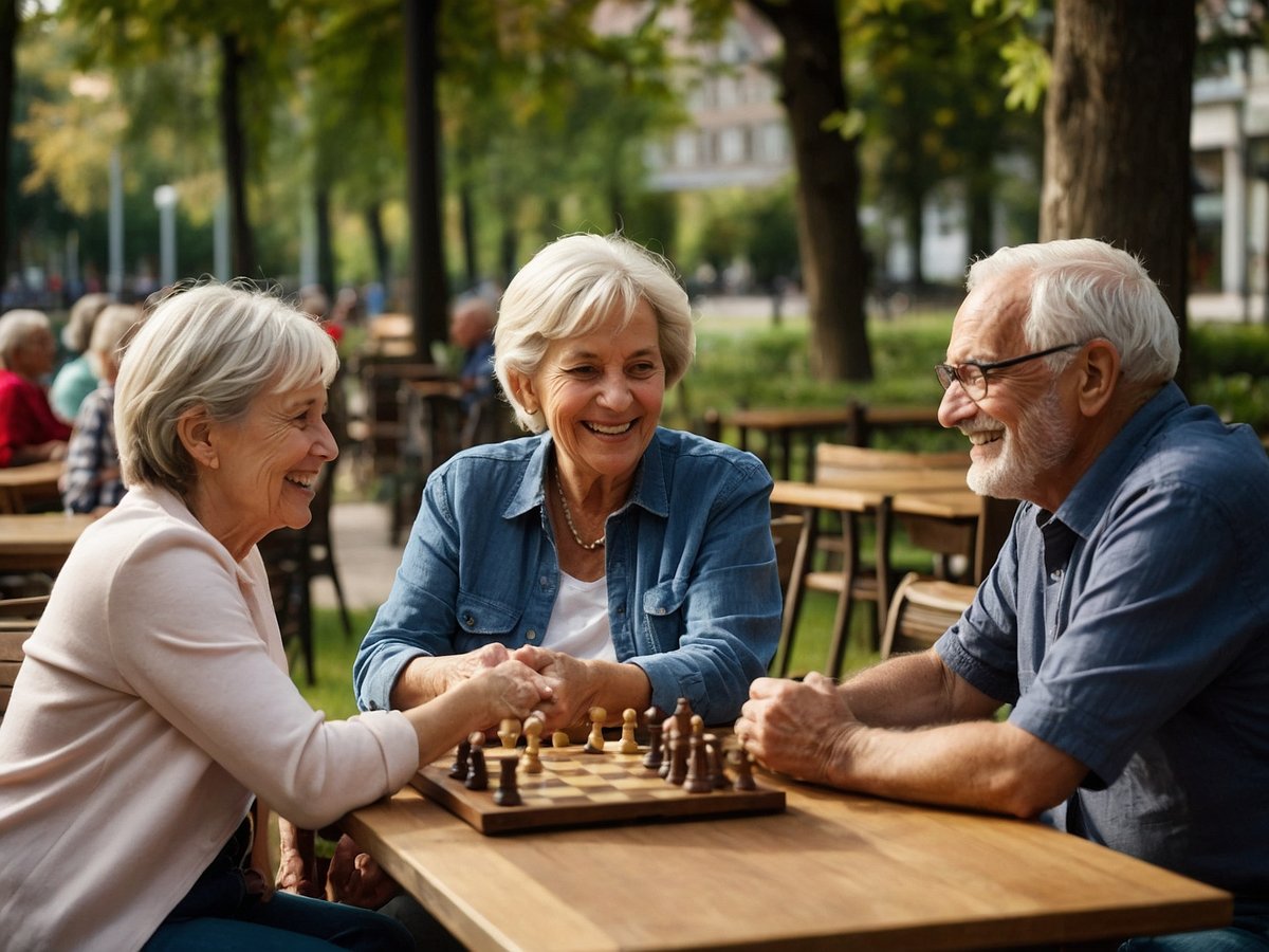 Eine Gruppe von älteren Menschen sitzt an einem Tisch in einem Park und spielt Schach. Zwei ältere Frauen schauen lächelnd auf das Spielbrett, während ein älterer Mann ihnen aufmerksam zuhört. Die Atmosphäre ist entspannt und freundlich, mit grünen Bäumen und anderen Personen im Hintergrund. Dieses Bild vermittelt ein Gefühl der Gemeinschaft und des sozialen Kontakts, was zur psychischen Gesundheit beiträgt. Die positive Interaktion ist auch wichtig für ältere Menschen, die an Diabetes leiden, da gesellige Aktivitäten das allgemeine Wohlbefinden fördern können.