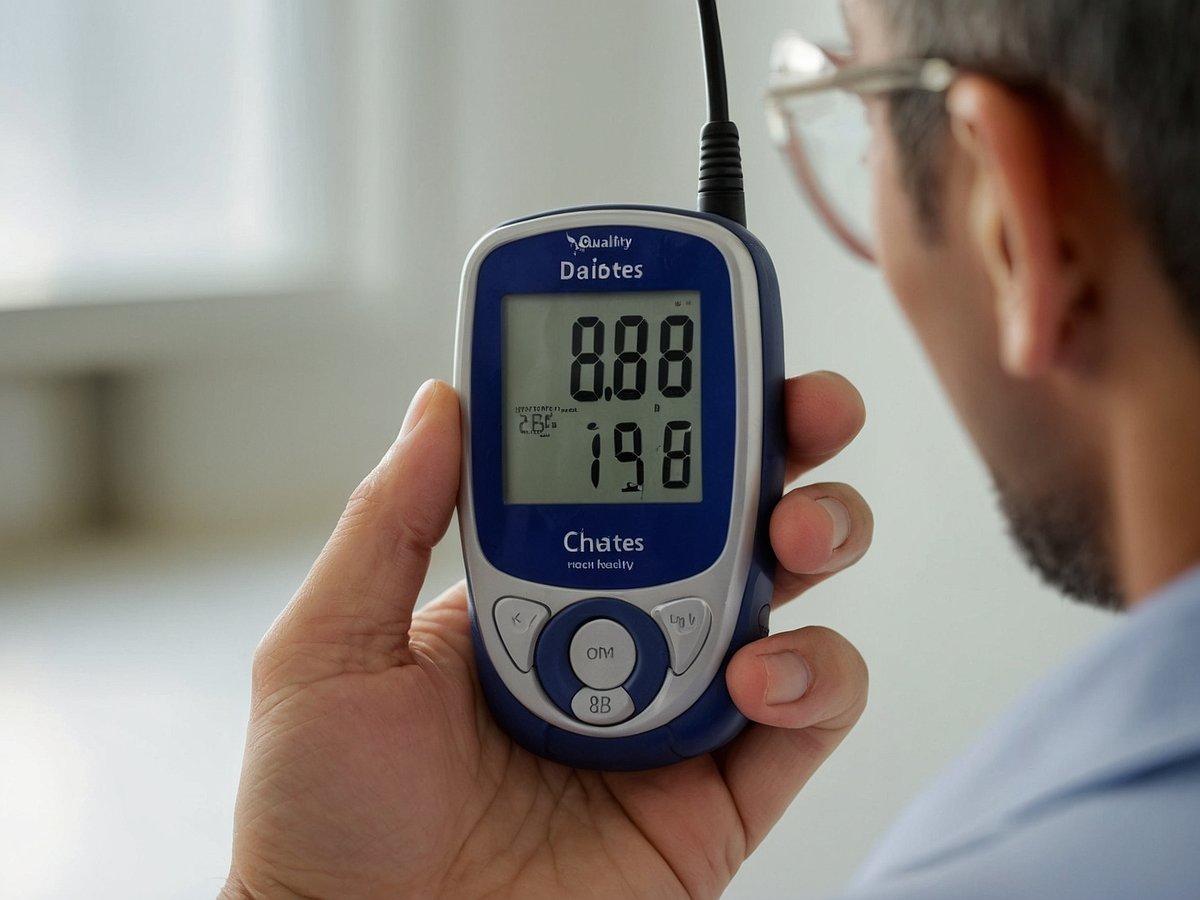 Auf dem Bild ist ein Mann zu sehen, der ein digitales Gesundheitsgerät in der Hand hält. Das Gerät zeigt Zahlen auf einem Bildschirm an, die offensichtlich verschiedene Gesundheitswerte darstellen. Der Mann schaut auf das Display des Geräts, während er es leicht in Richtung seines Gesichts hält. Die Umgebung wirkt hell und freundlich, was auf eine gesundheitliche Überprüfung hindeutet.