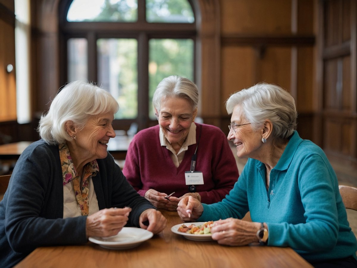 Drei ältere Frauen sitzen an einem Tisch in einem gemütlichen Raum mit Holzwänden und großen Fenstern. Sie lachen und unterhalten sich, während sie gemeinsam eine Mahlzeit genießen. Die Frauen haben graue Haare und tragen bequeme Kleidung. Auf dem Tisch stehen Teller mit Essen, und die Atmosphäre ist freundlich und entspannt. Dieses Bild vermittelt ein Gefühl von Gemeinschaft und Austausch unter Senioren, was für Selbsthilfegruppen und soziale Interaktionen wichtig ist.