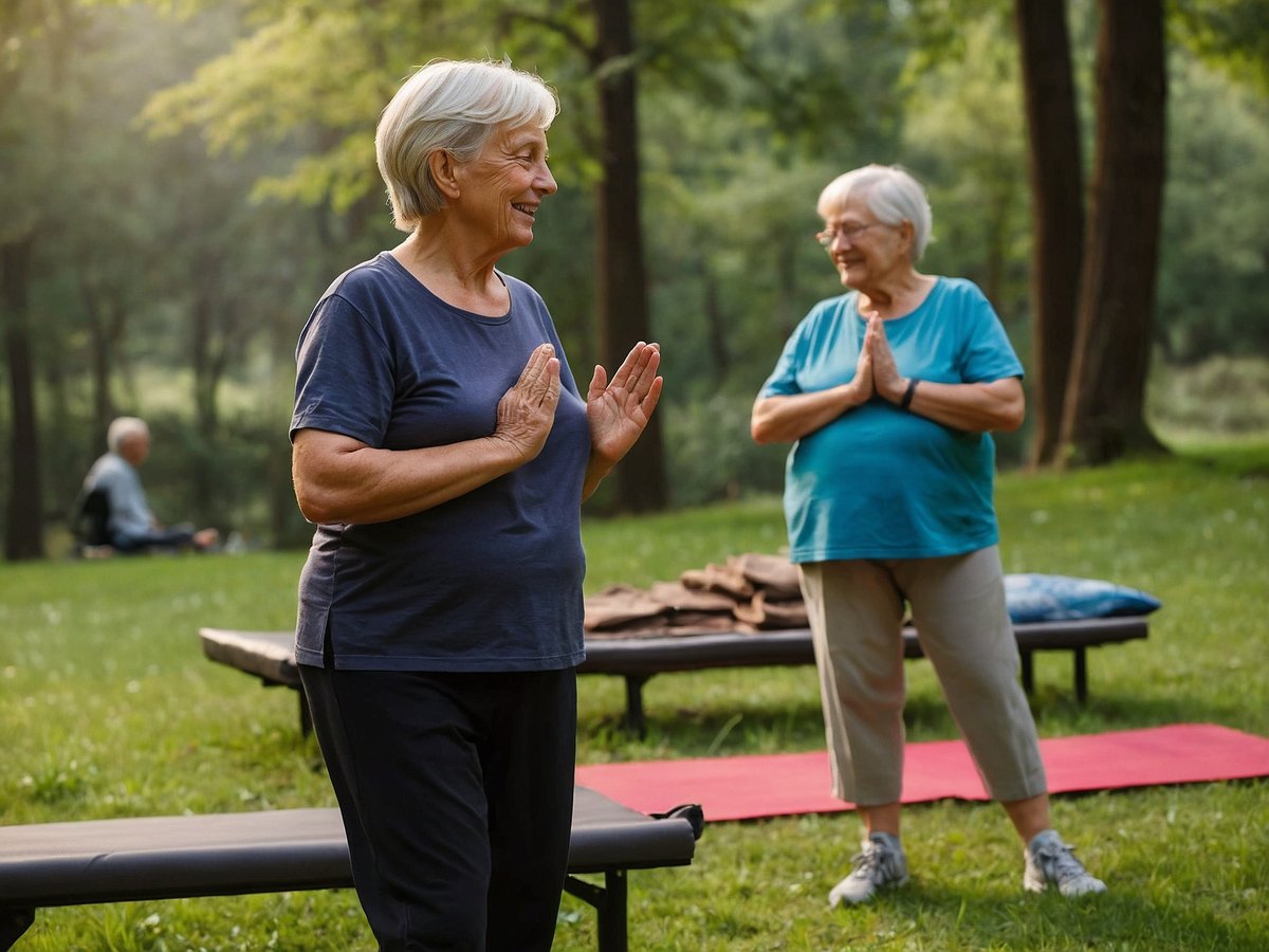 Auf dem Bild sind zwei ältere Frauen zu sehen, die in einem ruhigen Park stehen und Yoga praktizieren. Die Frau links trägt ein dunkles T-Shirt und hat die Hände in einer Gebetshaltung vor der Brust. Sie lächelt und wirkt entspannt. Die Frau rechts trägt ein turquoisefarbenes T-Shirt und hat ebenfalls die Hände in einer ähnlichen Position. Im Hintergrund sind weitere Senioren zu erkennen, die auf Bänken sitzen. Die Umgebung besteht aus grünen Wiesen und hohen Bäumen, die eine friedliche und harmonische Atmosphäre schaffen. Die Szene vermittelt ein Gefühl von Aktivität in Verbindung mit Erholung und Gemeinschaft.