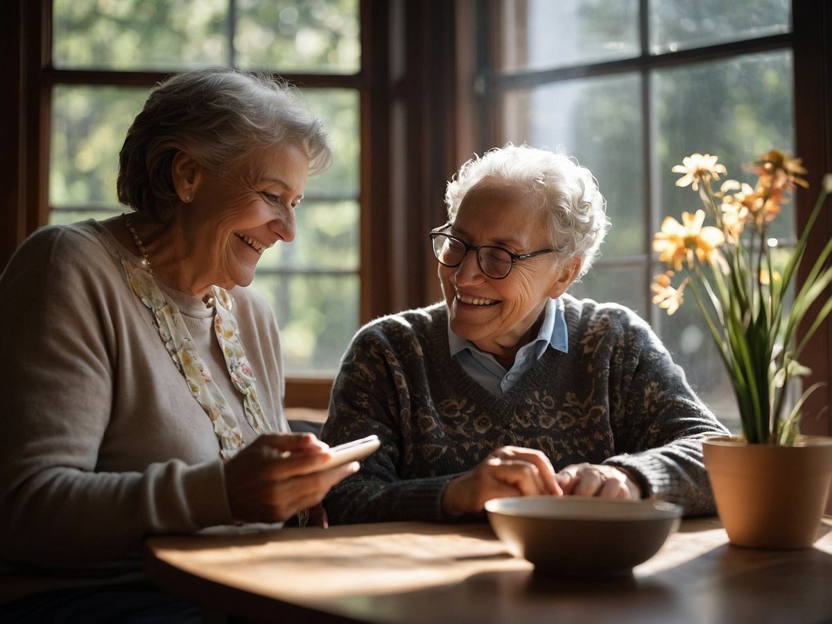 Zwei ältere Frauen sitzen an einem Tisch in einem hellen Raum mit großen Fenstern. Sie lachen und betrachten gemeinsam ein Smartphone. Eine der Frauen trägt eine Bluse mit floralem Muster und die andere einen Pulli mit einem traditionellen Muster. Auf dem Tisch steht eine Schale und ein Blumentopf mit gelben Blumen. Der Raum ist freundlich beleuchtet und strahlt eine angenehme Atmosphäre aus.