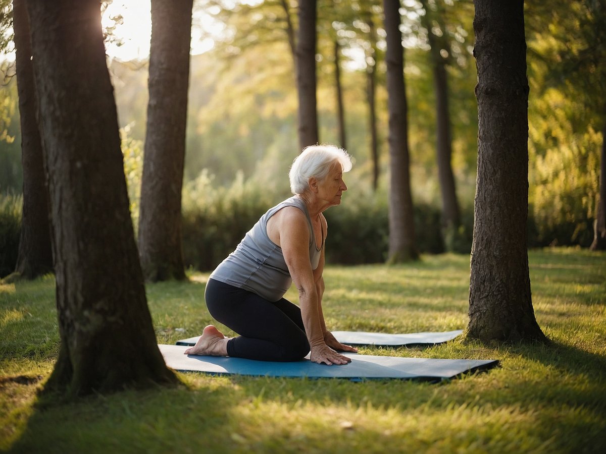 Eine ältere Frau mit grauen Haaren übt Yoga im Freien auf einer Matte. Sie befindet sich in einer Vierfüßlerhaltung mit dem Oberkörper leicht nach vorne gebeugt. Umgeben von Bäumen und sanftem Sonnenlicht strahlt die Szene Ruhe und Gelassenheit aus. Die Frau trägt ein ärmelloses Oberteil und Leggings und scheint sich auf ihre Atmung und die Übungen zu konzentrieren. Die grüne Wiese und die natürliche Umgebung schaffen ein harmonisches Setting für die Yoga-Praxis.