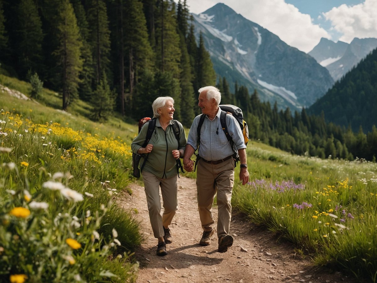 Ein älteres Paar geht Hand in Hand auf einem Wanderweg durch eine blühende Alpenlandschaft. Die Umgebung ist von hohen Bäumen und Bergen umgeben, die im Hintergrund zu sehen sind. Die Sonne strahlt auf sie herab und die Blumen in verschiedenen Farben säumen den Weg. Beide tragen Wanderbekleidung und Rucksäcke, während sie lächeln und sich freuen. Die Szene zeigt die Freude am Wandern und die Schönheit der Natur als Fitnessstudio.
