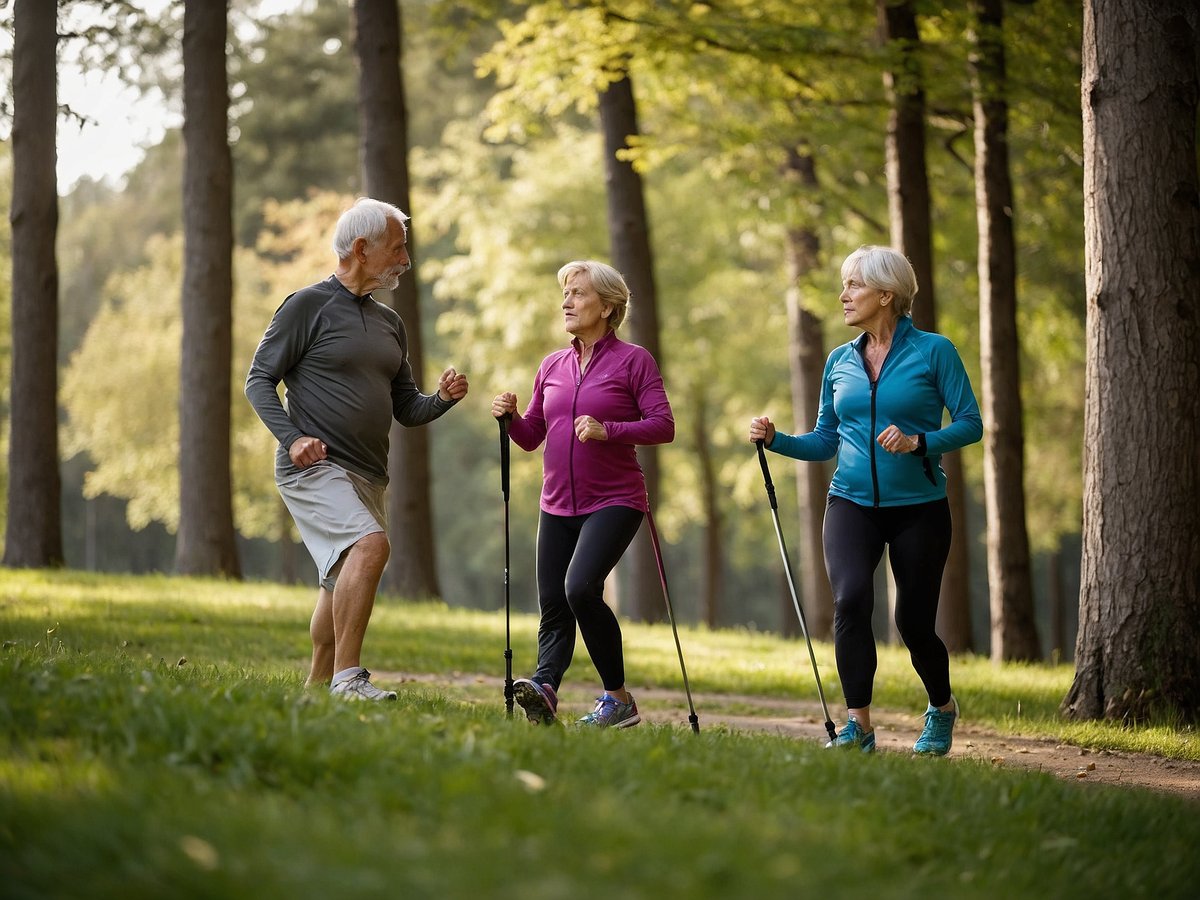 Eine Gruppe von drei älteren Menschen ist in einem Wald unterwegs. Ein Mann und zwei Frauen führen eine aktive Bewegung aus, während sie auf einem Weg umgeben von Bäumen gehen. Die Frauen halten Nordic-Walking-Stöcke in den Händen. Sie tragen sportliche Kleidung in verschiedenen Farben. Die Umgebung ist grün und sonnig, was eine angenehme und einladende Atmosphäre schafft. Die Personen wirken fit und gesund und genießen die frische Luft und die Natur.