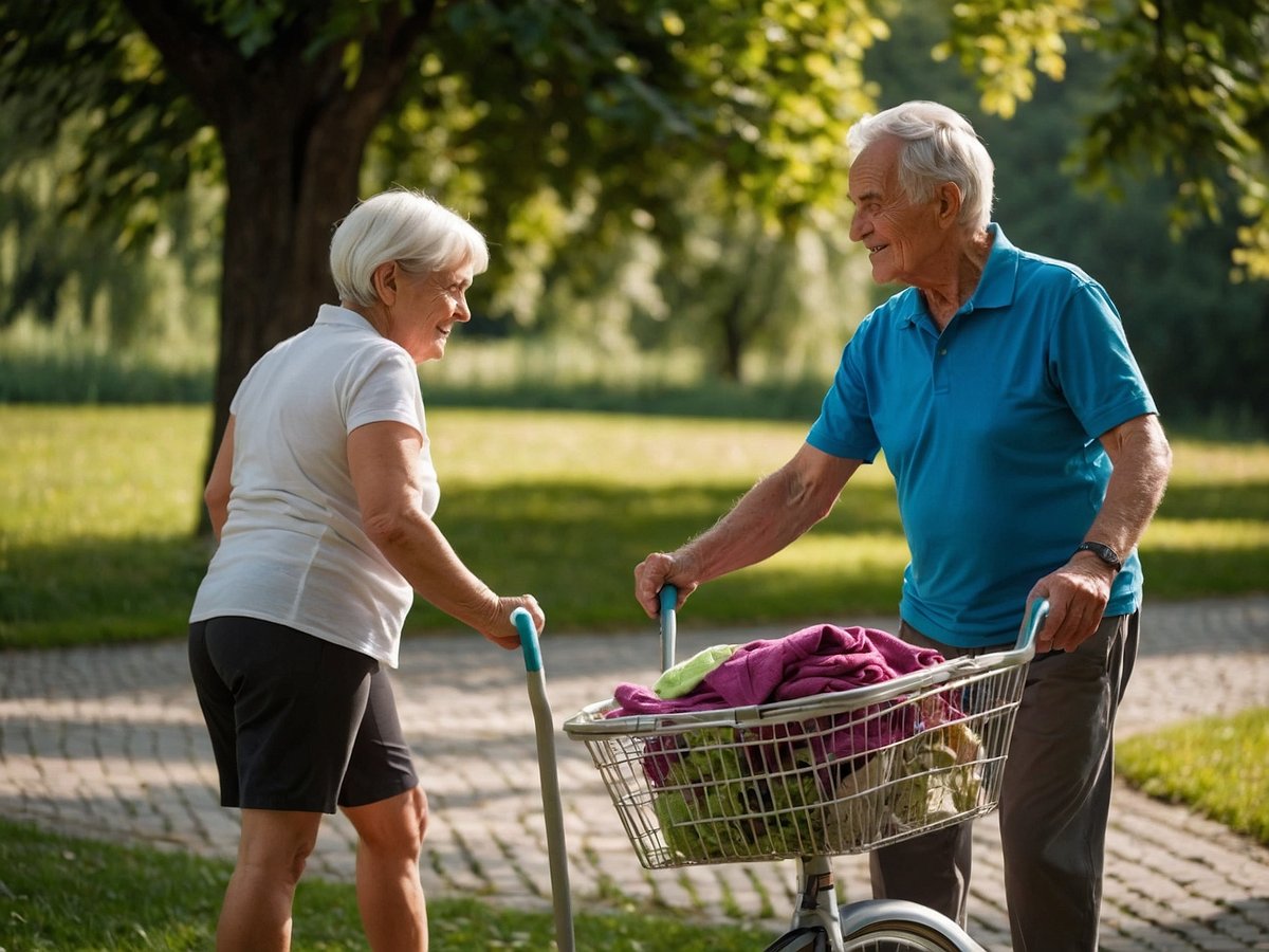 Zwei Senioren stehen in einem grünen Park und unterhalten sich freundlich während sie einen Wassertank oder einen Einkaufswagen mit einer bunten Decke und frischem Gemüse schieben das Licht der Sonne scheint durch die Blätter der Bäume und schafft eine angenehme Atmosphäre die Szene zeigt wie Bewegung im Alltag integriert werden kann durch Spaziergänge und den Einkauf im Freien die Senioren wirken aktiv und zufrieden und genießen die frische Luft sowie die Gesellschaft des anderen