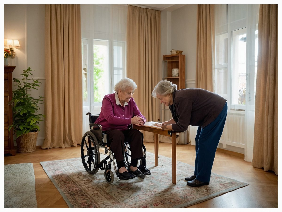 Auf dem Bild ist eine ältere Frau im Rollstuhl zu sehen, die an einem Tisch sitzt. Eine zweite Frau beugt sich über den Tisch und scheint etwas mit der sitzenden Frau zu besprechen oder ihr zu helfen. Der Raum ist hell und freundlich gestaltet, mit großen Fenstern, Vorhängen und einer Pflanze im Hintergrund. Der Boden ist aus Holz, und ein Teppich liegt unter dem Tisch. Die sitzende Frau trägt einen lila Pullover, während die andere Frau in einem grauen Oberteil und blauen Hosen gekleidet ist.