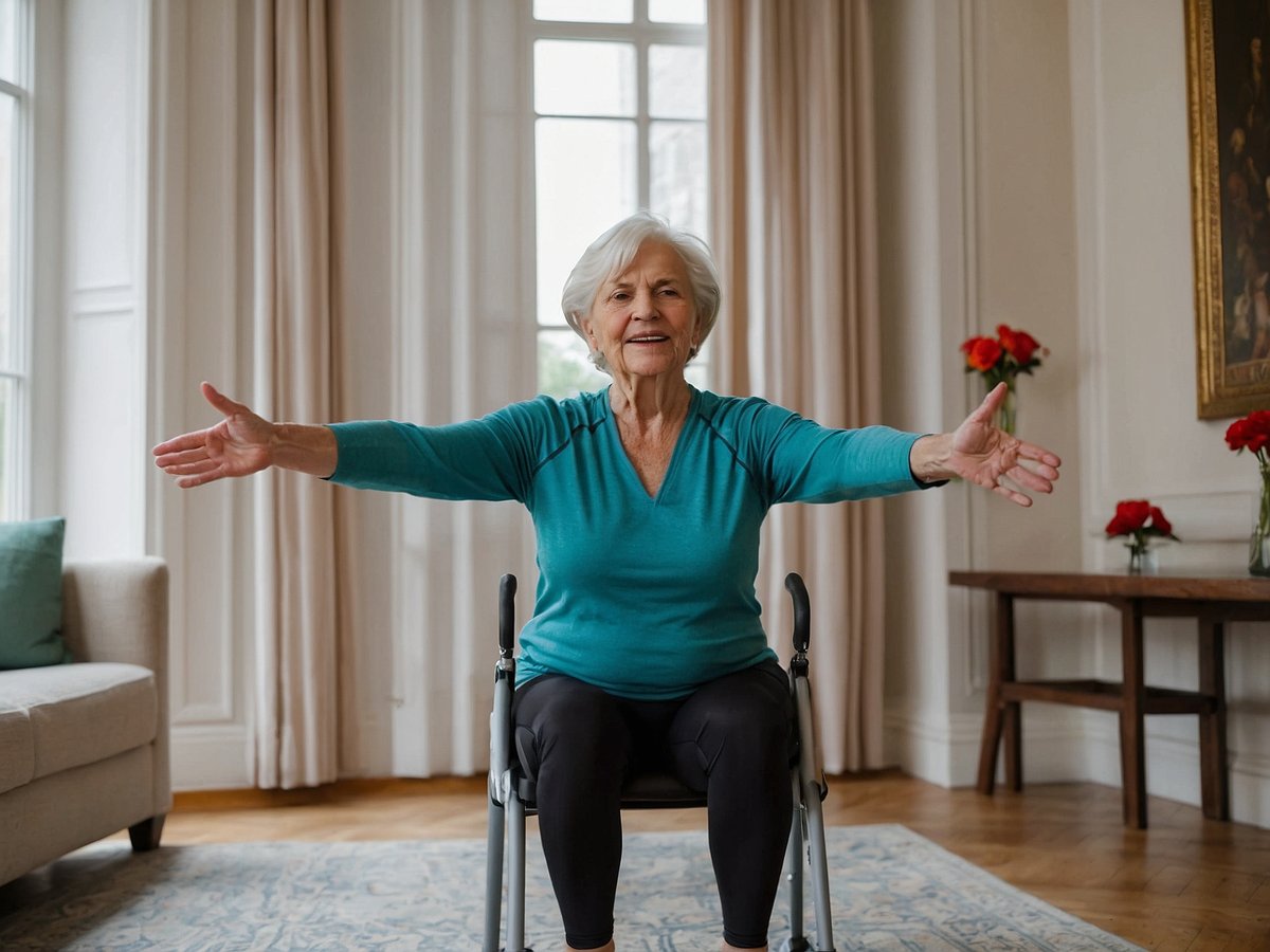 Ältere Frau sitzt auf einem Stuhl mit einem freundlichen Lächeln und ausgestreckten Armen in einem hellen, gemütlichen Raum. Sie trägt ein langärmliges, türkisfarbenes Oberteil und schwarze Leggings. Im Hintergrund sind Vorhänge, ein Sofasitz und eine Holzkonsolentheke mit frischen Blumen zu sehen.