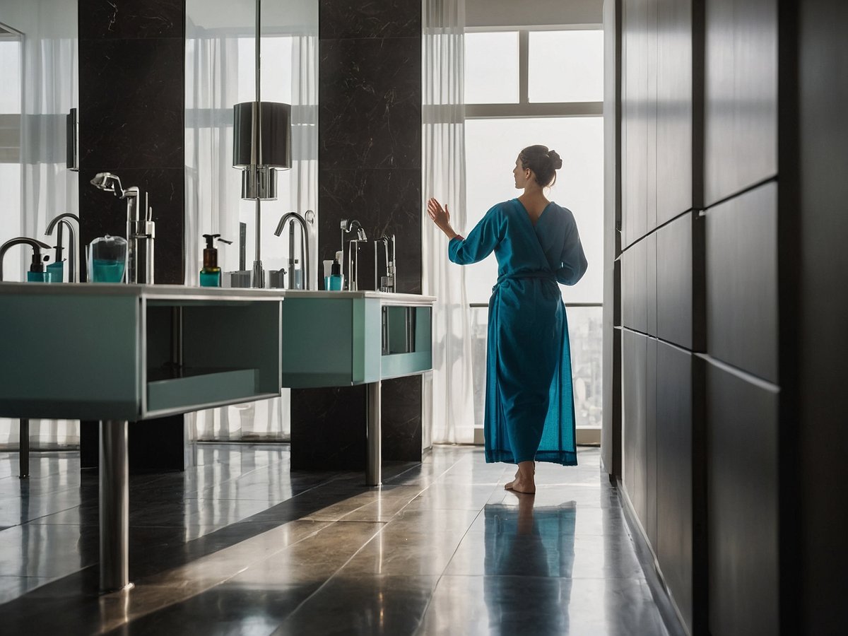 Eine Frau in einem blauen Bademantel steht in einem modernen Badezimmer mit großen Fenstern und einem eleganten Waschtisch. Der Raum ist gut beleuchtet, und die Wände sind in neutralen Farben gehalten. Auf dem Waschtisch stehen verschiedene Pflegeprodukte wie Seifen und Lotionen. Die Frau scheint entspannt zu sein, während sie zur Fensterfront schaut. Der Raum vermittelt eine Atmosphäre von Sauberkeit und Ordnung, was für eine gute Körperpflege und Hygiene wichtig ist. Die Szene ermutigt zur Selbstfürsorge und zeigt, wie wichtig ein gepflegter Lebensraum ist.