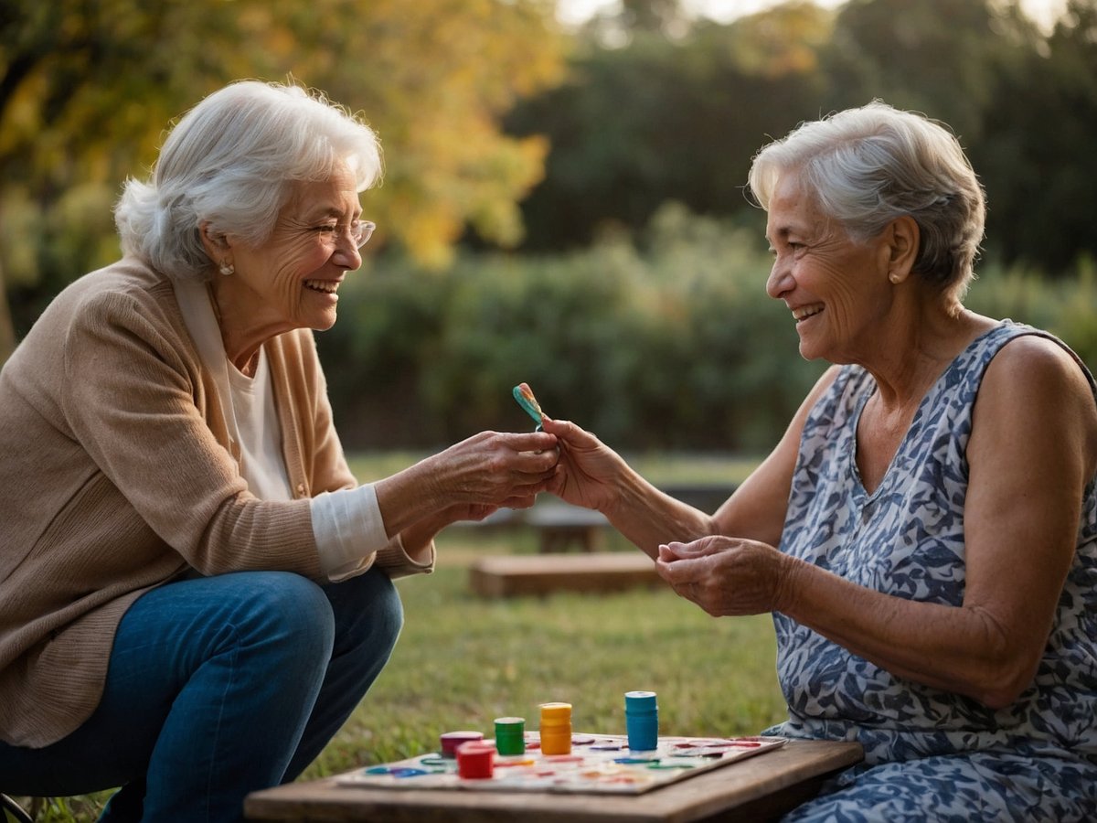 Zwei ältere Frauen sitzen im Freien auf einer Wiese und spielen ein Brettspiel. Eine Frau kniet sich freundlich zu ihrer Sitze nach links gewandten Freundin hinunter und überreicht ihr einen Spielstein. Beide Frauen lachen und lächeln, was eine herzliche und gemeinsame Stimmung vermittelt. Die Umgebung ist grün mit Bäumen im Hintergrund, und das sanfte Licht des späten Nachmittags sorgt für eine angenehme Atmosphäre. Auf dem Tisch zwischen ihnen befinden sich bunt lackierte Spielsteine in verschiedenen Farben, die das Spiel ergänzen, das sie gerade spielen.