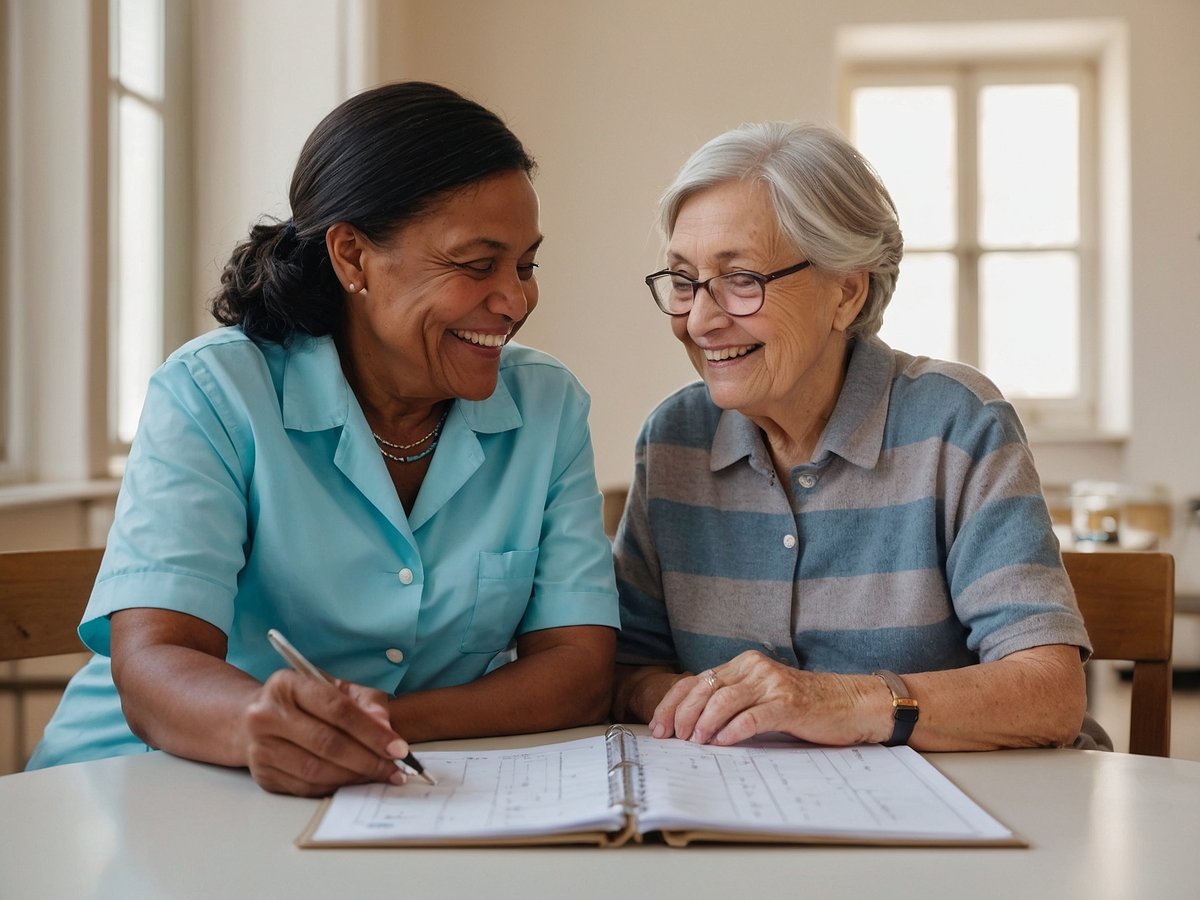 Eine Pflegekraft und eine ältere Dame sitzen an einem Tisch und lächeln sich an. Die Pflegekraft trägt ein blaues Hemd und hält einen Stift in der Hand, während sie in einem Notizbuch schreibt. Die ältere Dame trägt ein gestreiftes Oberteil und trägt eine Brille. Beide wirken freundlich und entspannt. Im Hintergrund sind Fenster zu sehen, die den Raum hell erleuchten. Auf dem Tisch liegt ein offenes Notizbuch mit Anmerkungen.