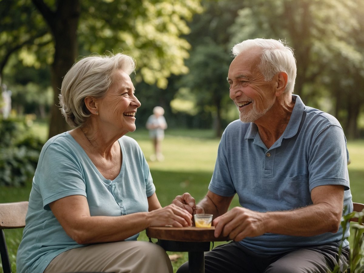 Ein älteres Paar sitzt im Freien an einem Tisch in einem Park. Sie lächeln sich an und halten sich an den Händen. Die Frau trägt ein hellblaues Oberteil und hat kurzes graues Haar, während der Mann ein blaues Polohemd trägt und ebenfalls graue Haare hat. Hinter ihnen sind Bäume sichtbar und ein Junge spielt im Hintergrund. Die Atmosphäre ist freundlich und entspannt und vermittelt Freude und Zweisamkeit. Die eigene Gesundheit im Blick behalten.