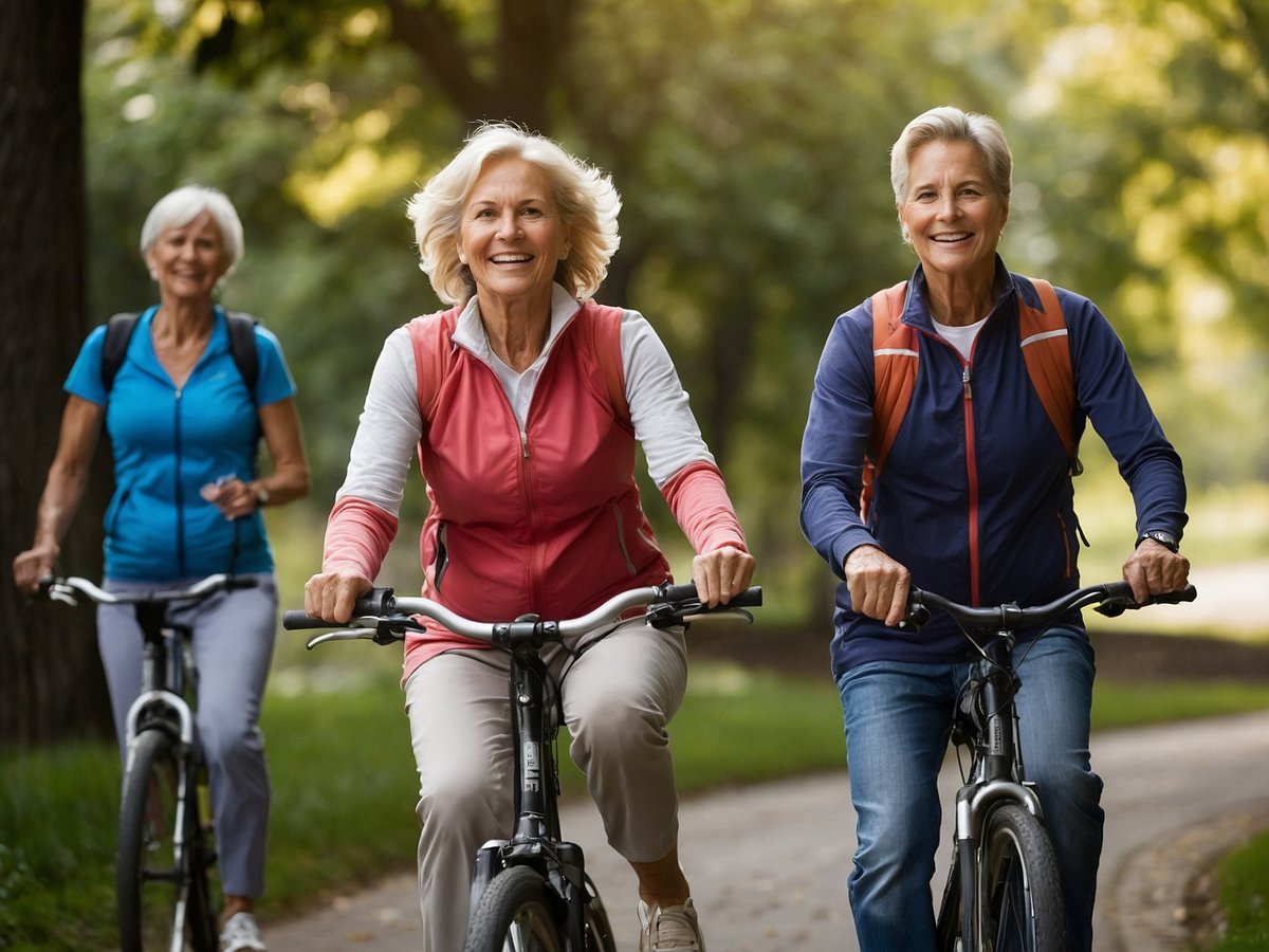 Drei ältere Frauen fahren fröhlich Rad auf einem malerischen Weg umgeben von Bäumen und natürlichem Grün. Sie tragen sportliche Kleidung und lächeln, was ihre Freude und Vitalität widerspiegelt. Diese Szene unterstreicht die Bedeutung eines aktiven Lebensstils für die Herzgesundheit, da regelmäßige Bewegung wie Radfahren das Herz-Kreislauf-System stärkt und das allgemeine Wohlbefinden verbessert.