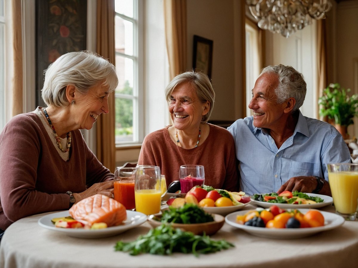 Eine Gruppe von drei älteren Menschen sitzt an einem Tisch in einem hellen Raum und genießt ein gemeinsames Essen. Auf dem Tisch sind verschiedene gesunde Lebensmittel platziert, darunter Lachs, frisches Gemüse und eine Vielzahl von buntem Obst. Die Getränke umfassen Säfte in verschiedenen Farben, die reich an Vitaminen sind. Die Stimmung am Tisch ist freundlich und entspannt, während die Teilnehmer miteinander lachen und sich unterhalten. Diese Zusammenkunft fördert soziale Interaktion und ein gesundes Essverhalten, das wichtig für die Herzgesundheit ist.