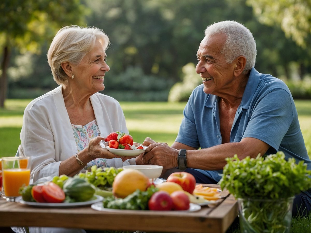 Auf dem Bild sind ein älterer Mann und eine ältere Frau zu sehen, die fröhlich im Freien sitzen und eine Mahlzeit teilen. Sie genießen frische Früchte und Gemüse, die auf einem Tisch vor ihnen angerichtet sind. Der Mann hält die Hand der Frau, während sie einander anlächeln. Im Hintergrund sind grüne Bäume und eine einladende Parklandschaft sichtbar. Die Szene vermittelt ein Gefühl von Freude und gemeinsamer Zeit im Freien, was das Wohlbefinden älterer Menschen fördern kann.