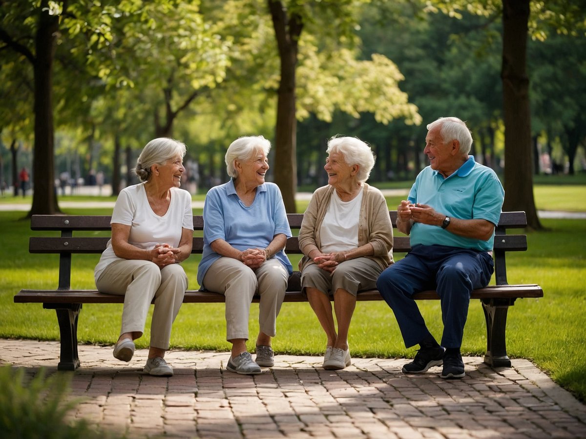 Eine Gruppe von vier Senioren sitzt auf einer Bank im Park. Sie lächeln und scheinen sich angeregt zu unterhalten. Die Frauen tragen helle, bequeme Kleidung und der Mann sitzt neben ihnen in einem farbigen Poloshirt. Der Park ist grün und sonnig, mit Bäumen im Hintergrund. Die entspannte Atmosphäre und die sozialen Interaktionen fördern die Stressbewältigung, die wichtig für die Herzgesundheit ist. Ein positives soziales Umfeld kann helfen, den Stress zu reduzieren und das allgemeine Wohlbefinden zu steigern.