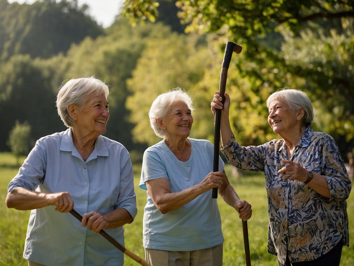 Drei ältere Frauen stehen im Freien und lachen fröhlich miteinander während sie Spazierstöcke halten. Sie befinden sich in einer grünen Umgebung mit Bäumen und sanften Hügeln im Hintergrund. Die Frauen tragen bequeme, lässige Kleidung und wirken aktiv und gesund. Diese Szene vermittelt Gemeinschaftsgefühl und Freude an der Bewegung im Freien.