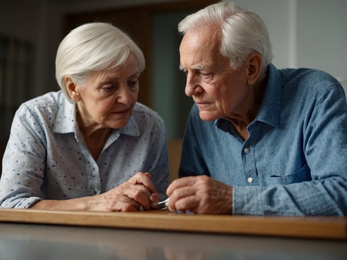 Ein älteres Paar sitzt an einem Tisch und betrachtet gemeinsam ein Objekt, das sie in den Händen halten. Die Gesichtsausdrücke der beiden zeigen Nachdenklichkeit und Zuneigung. Die Frau hat kurze, graue Haare und trägt ein helles Oberteil mit einem einfachen Muster. Der Mann hat ebenfalls graue Haare und trägt ein blaues Hemd. Die Szene strahlt eine ruhige und vertraute Atmosphäre aus. Solche Momente der gemeinsamen Beschäftigung können wichtige Hinweise auf kognitive Veränderungen sein, die bei Alzheimer-Demenz auftreten können, wie vergessene Details oder Schwierigkeiten mit der Orientierung.