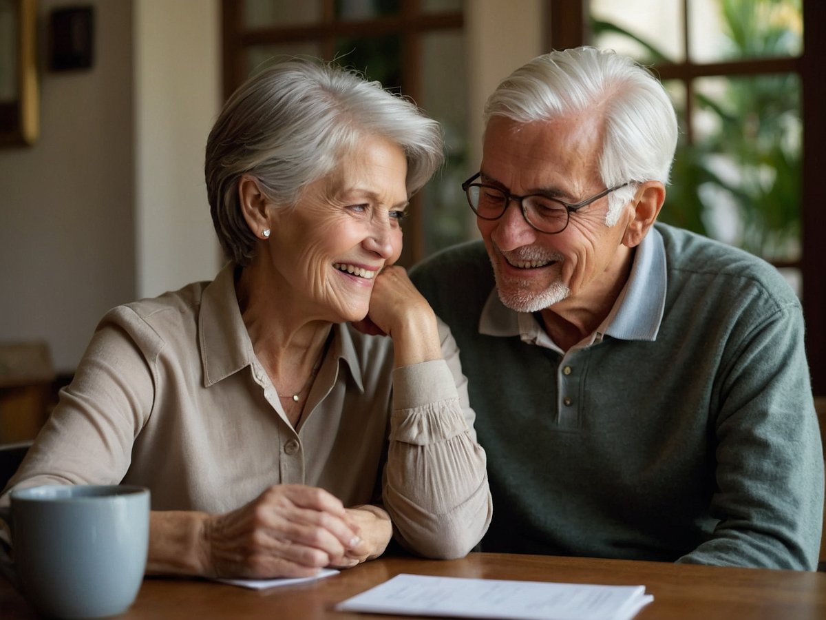 Ein älteres Paar sitzt an einem Tisch in einem hellen Raum und lächelt sich an. Die Frau hat kurze graue Haare und trägt eine beige Bluse. Sie schaut lächelnd zum Mann. Der Mann hat ebenfalls graue Haare, einen Schnurrbart und trägt einen grünen Pullover. Beide wirken entspannt und glücklich, während sie eine gemeinsame Aktivität genießen. Auf dem Tisch liegen einige Papiere und eine Tasse Kaffee. Der Hintergrund zeigt Fenster mit Pflanzen, die eine Wohlfühlatmosphäre schaffen.