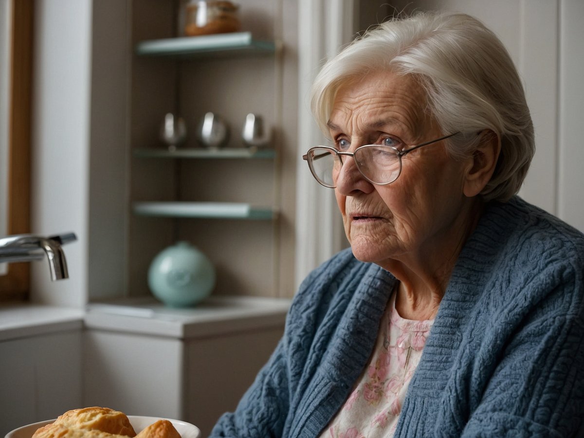 Eine ältere Frau sitzt an einem Tisch und schaut nachdenklich. Sie trägt eine Brille und hat kurze, graue Haare. Die Frau ist in einem blauen Strickpullover gekleidet und scheint in ihre Gedanken vertieft. Vor ihr steht ein Teller mit Gebäck auf dem Tisch, während im Hintergrund ein Regal mit einigen Dekorationsgegenständen und Geschirr sichtbar ist. Das Licht fällt sanft durch ein Fenster und schafft eine ruhige Atmosphäre.