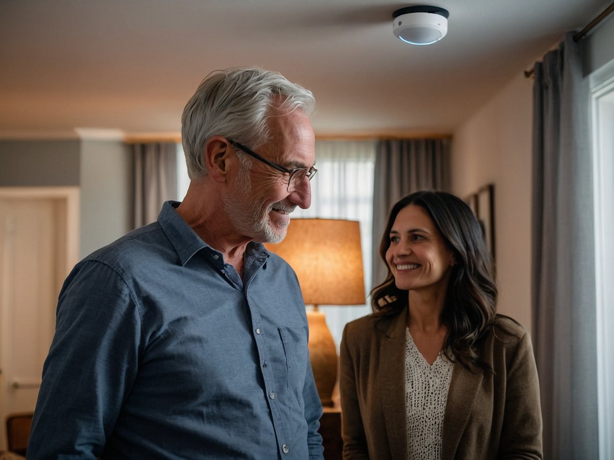Ein älterer Mann mit grauem Haar und Brille steht lächelnd im Gespräch mit einer jungen Frau mit langen, dunklen Haaren. Sie befindet sich in einem hellen Raum mit einem großen Fenster und Vorhängen. Im Hintergrund ist eine Stehlampe zu sehen, die warmes Licht spendet, und an der Decke hängt ein smartes Gerät, das möglicherweise zur Steuerung von Haustechnik genutzt wird. Die Atmosphäre wirkt freundlich und einladend.
