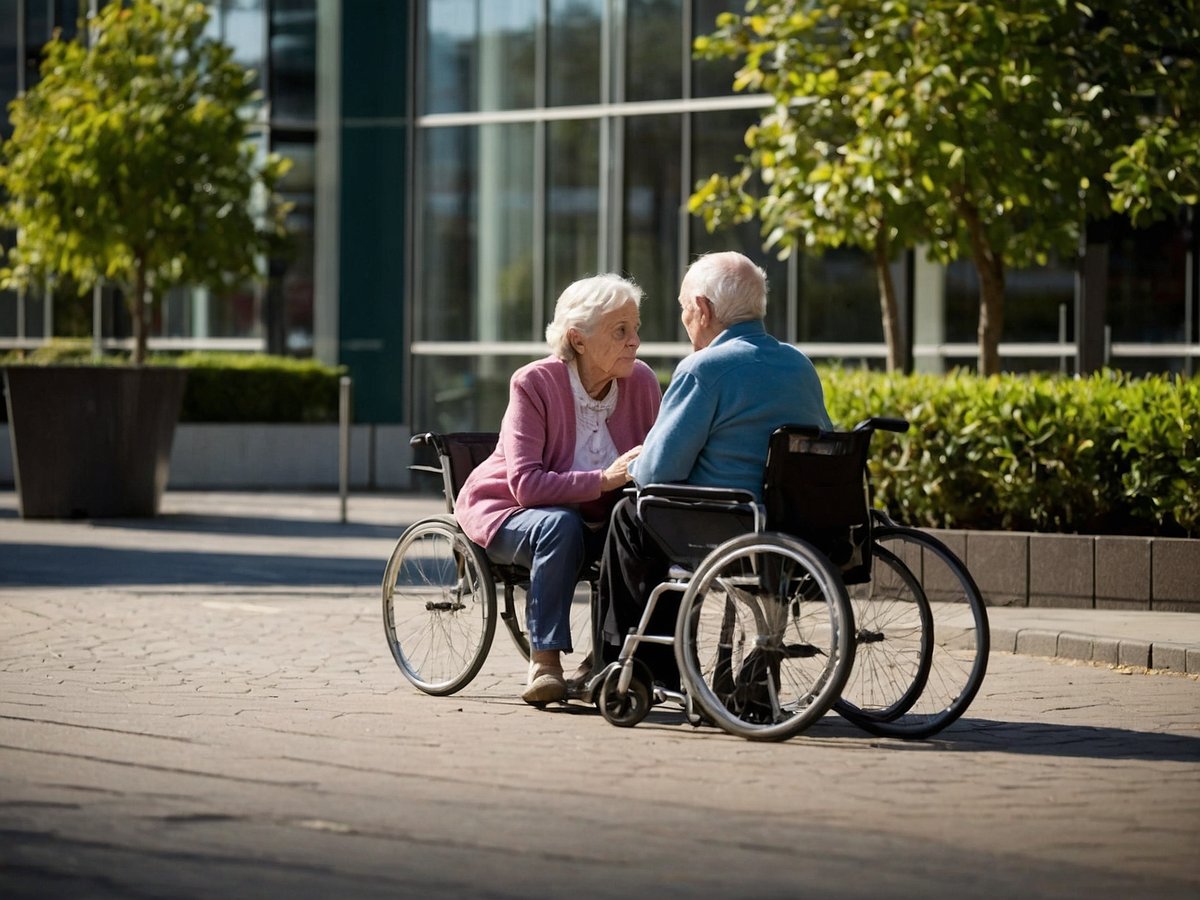 Auf dem Bild sind ein älterer Mann und eine ältere Frau zu sehen, die in Rollstühlen sitzen. Sie stehen sich gegenüber und scheinen in ein vertrautes und herzliches Gespräch vertieft zu sein. Der Mann trägt einen blauen Pullover, während die Frau einen rosa Cardigan anhat. Im Hintergrund sind grüne Pflanzen und große Fenster eines Gebäudes zu erkennen, die einer angenehmen Umgebung einen freundlichen Rahmen verleihen. Das Licht scheint hell und freundlich, was eine warme Atmosphäre schafft und die Intimität des Moments unterstreicht.