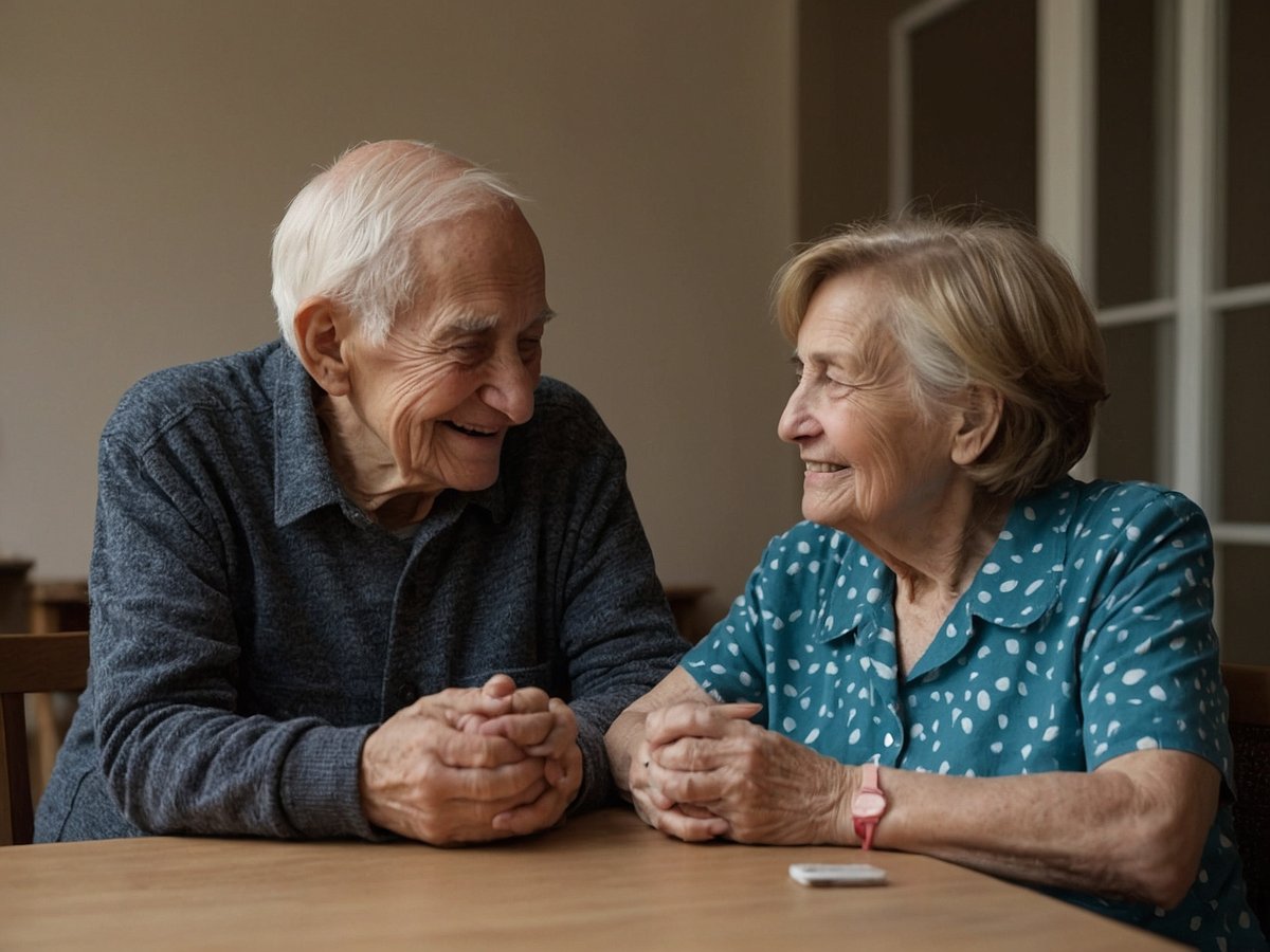 Ein älteres Paar sitzt an einem Tisch und schaut sich lächelnd in die Augen. Beide zeigen Freude und Zuneigung zueinander. Die Gesichtsausdrücke sind herzlich und vermitteln ein Gefühl von Liebe und Verbundenheit. Sie halten ihre Hände leicht übereinander und wirken entspannt in ihrer Umgebung. Der Raum hat eine angenehme, ruhige Atmosphäre. Die Kleidung des Mannes ist gemütlich und der Frau trägt ein blauen Oberteil mit weißen Punkten. Diese Szene strahlt Wärme und Geborgenheit aus, was den Betrachter an die Bedeutung zwischenmenschlicher Beziehungen erinnert.