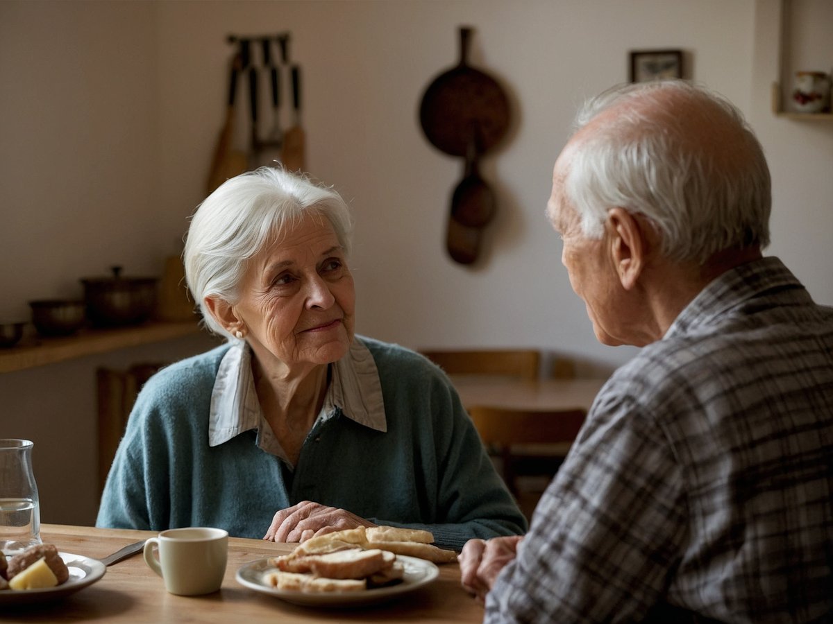 Ein älteres Ehepaar sitzt an einem Holztisch in einer gemütlichen Küche und unterhält sich. Die Frau hat silbernes Haar und trägt einen grünen Pullover, während der Mann einen karierten Hemd trägt. Auf dem Tisch stehen ein Glas Wasser, eine kleine Tasse und ein Teller mit Brot und Keksen. Im Hintergrund sind Küchengeräte und Holzutensilien sichtbar, die eine warme und einladende Atmosphäre schaffen.