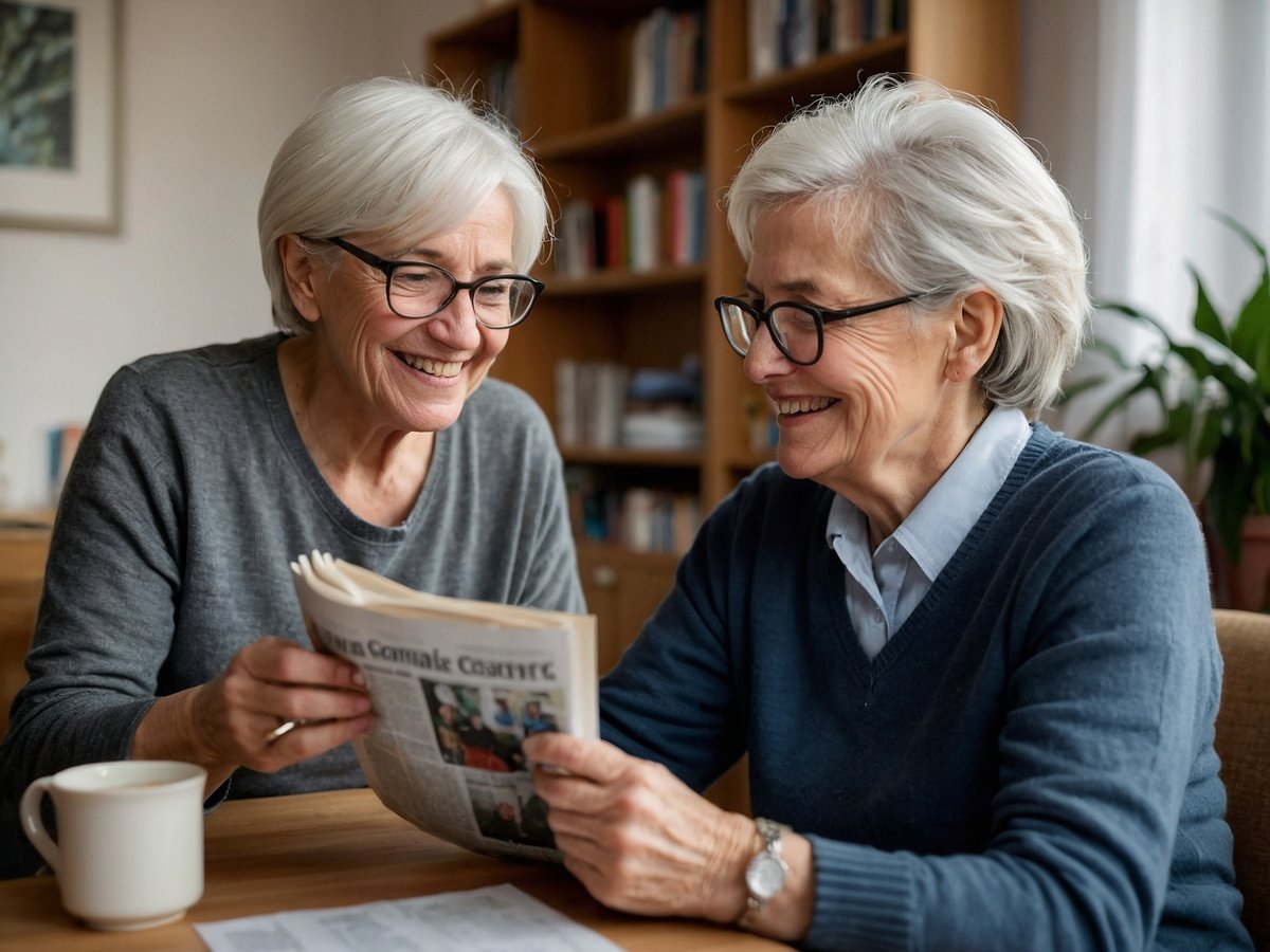 Zwei ältere Frauen sitzen an einem Tisch in einem gemütlichen Raum. Sie lächeln und schauen gemeinsam auf eine Zeitung, die eine von ihnen hält. Auf dem Tisch stehen eine Tasse und einige Dokumente. Im Hintergrund sind Regale mit Büchern und eine Pflanzenanordnung zu sehen. Die Atmosphäre ist freundlich und entspannt.
