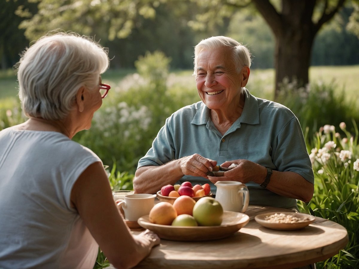 Auf dem Bild sind zwei ältere Menschen zu sehen, die an einem Tisch im Freien sitzen und miteinander sprechen. Der Tisch ist mit verschiedenen Früchten und einem kleinen Krug gedeckt. Die Umgebung ist grün und sonnig, mit Bäumen im Hintergrund. Beide Personen lächeln und wirken entspannt, was eine freundliche und harmonische Atmosphäre vermittelt. Die Frau hat graues Haar und trägt eine bequeme Bluse, während der Mann ein helles T-Shirt und einen Pullover trägt.