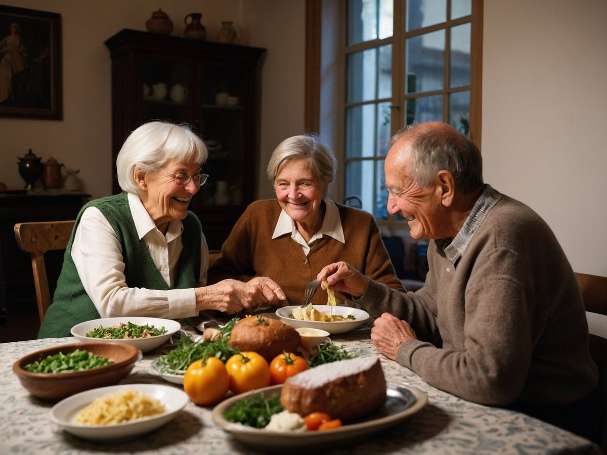 Zwei ältere Frauen und ein älterer Mann sitzen an einem Tisch mit einer Vielzahl von Gerichten. Die Frauen lachen und unterhalten sich, während der Mann eine Gabel mit Nudeln hält. Auf dem Tisch sind verschiedene Gemüse, ein Brotlaib und einige saftige Früchte sichtbar. Der Raum hat ein gemütliches Ambiente mit einem Fenster, das Licht hereinlässt und ein traditionelles Möbelstück im Hintergrund.