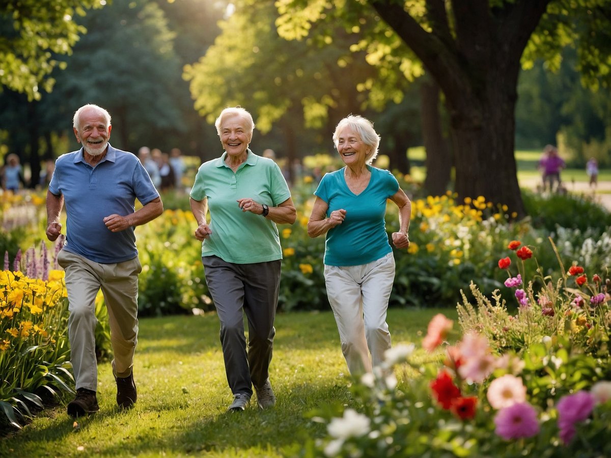 Drei fröhliche Senioren joggen gemeinsam durch einen blühenden Park umgeben von bunten Blumen. Die Sonne scheint warm und schafft eine einladende Atmosphäre. Alle drei tragen sportliche Kleidung und lächeln, während sie in einer harmonischen Bewegung dem Lebenselixier der Aktivität nachgeben. Im Hintergrund sind weitere Personen zu sehen, die ebenfalls im Park aktiv sind.