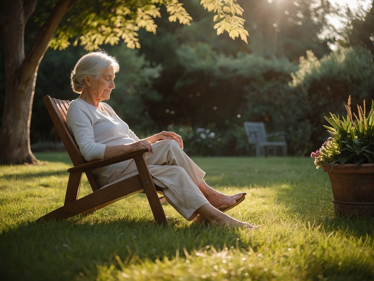 Eine ältere Frau sitzt entspannt in einem Holzstuhl im Garten. Sie trägt ein helles Oberteil und bequeme Hosen und hat ihre Hände auf den Oberschenkeln abgelegt. Ihr Gesicht zeigt einen friedlichen Ausdruck während sie den Blick leicht nach unten gerichtet hat. Im Hintergrund sind sanftes Licht und üppiges, grünes Gras zu sehen sowie Pflanzen und einen weiteren Stuhl, der zum Verweilen einlädt. Die Szenerie strahlt Ruhe und Gelassenheit aus, ideal für entspannende Momente im Freien.