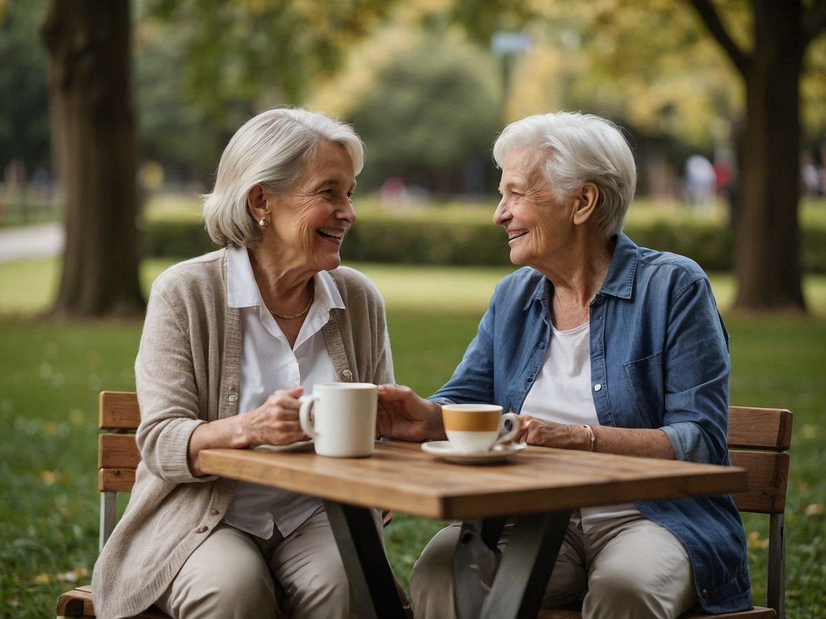 Zwei ältere Frauen sitzen an einem Tisch im Freien und lächeln sich an während sie eine Tasse Kaffee halten. Eine Frau trägt einen beigen Cardigan über einer weißen Bluse und die andere Frau trägt ein blaues Hemd. Im Hintergrund sind verschwommen Grüne Bäume und Menschen zu sehen welche im Park spazieren gehen. Das Bild strahlt eine warme und freundliche Atmosphäre aus, die die Bedeutung von sozialen Verbindungen im Alter vermittelt.